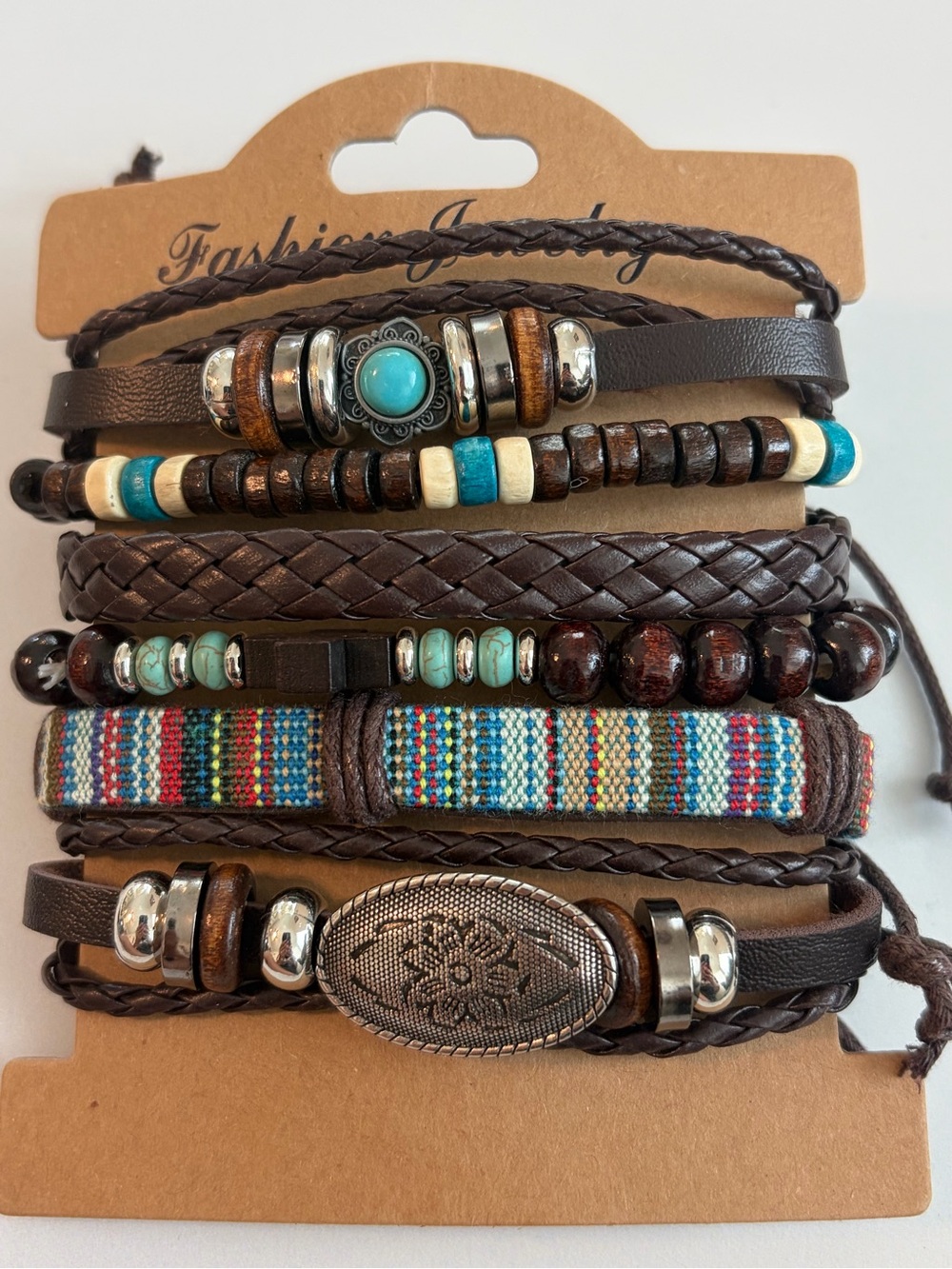 6 Pcs boho tribal leather bracelet stack turquoise bead and colorful New!